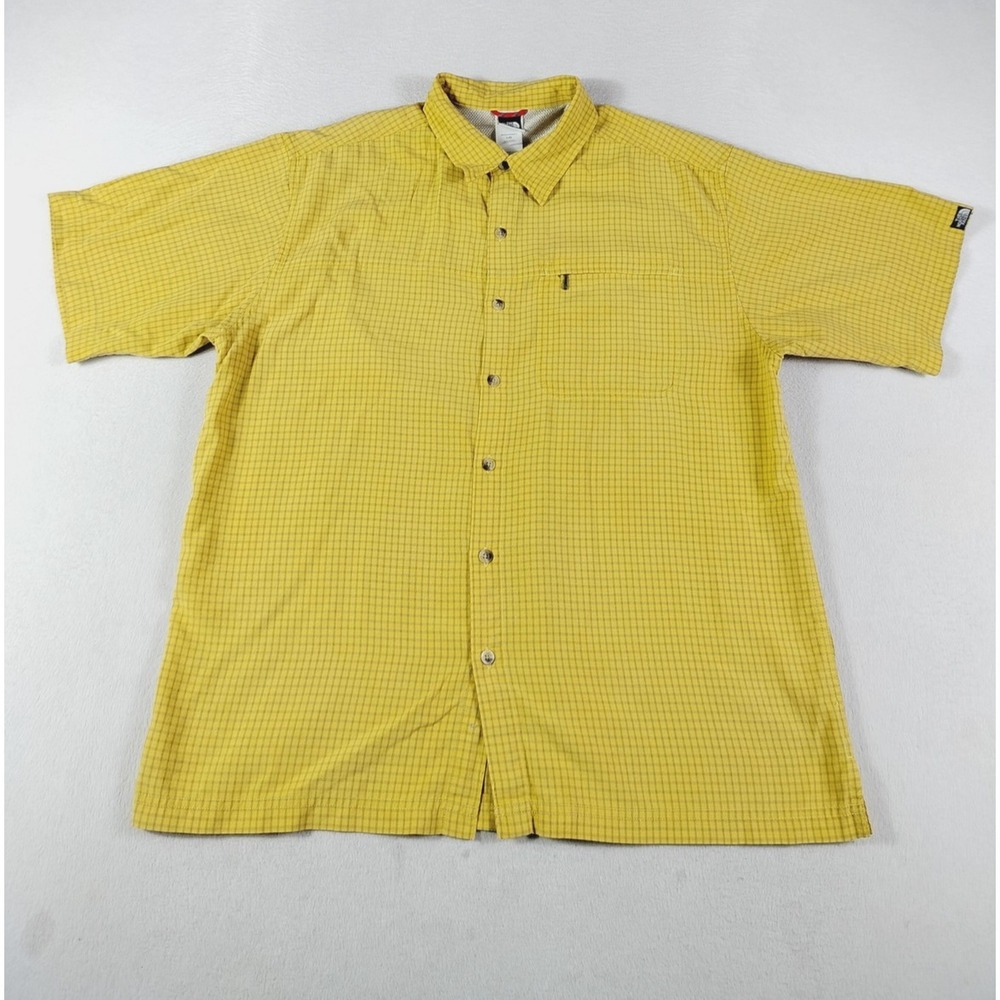 The North‎ Face Shirt Mens Large Yellow Check Short Sleeve Button Up Outdoor
